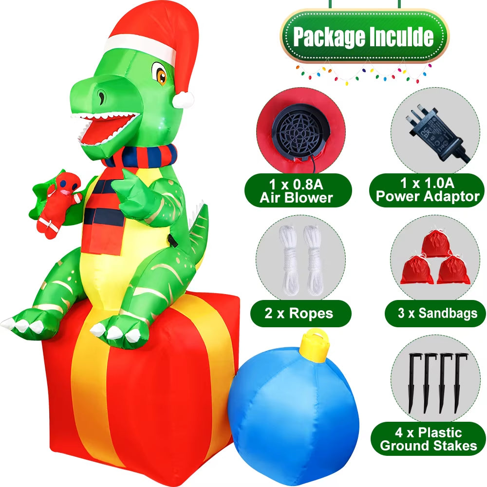 6FT Dinosaur Christmas Inflatables Outdoor Decorations Xmas Blow up Yard Decorations Foxmas Indoor Outdoor Garden Lawn Decor