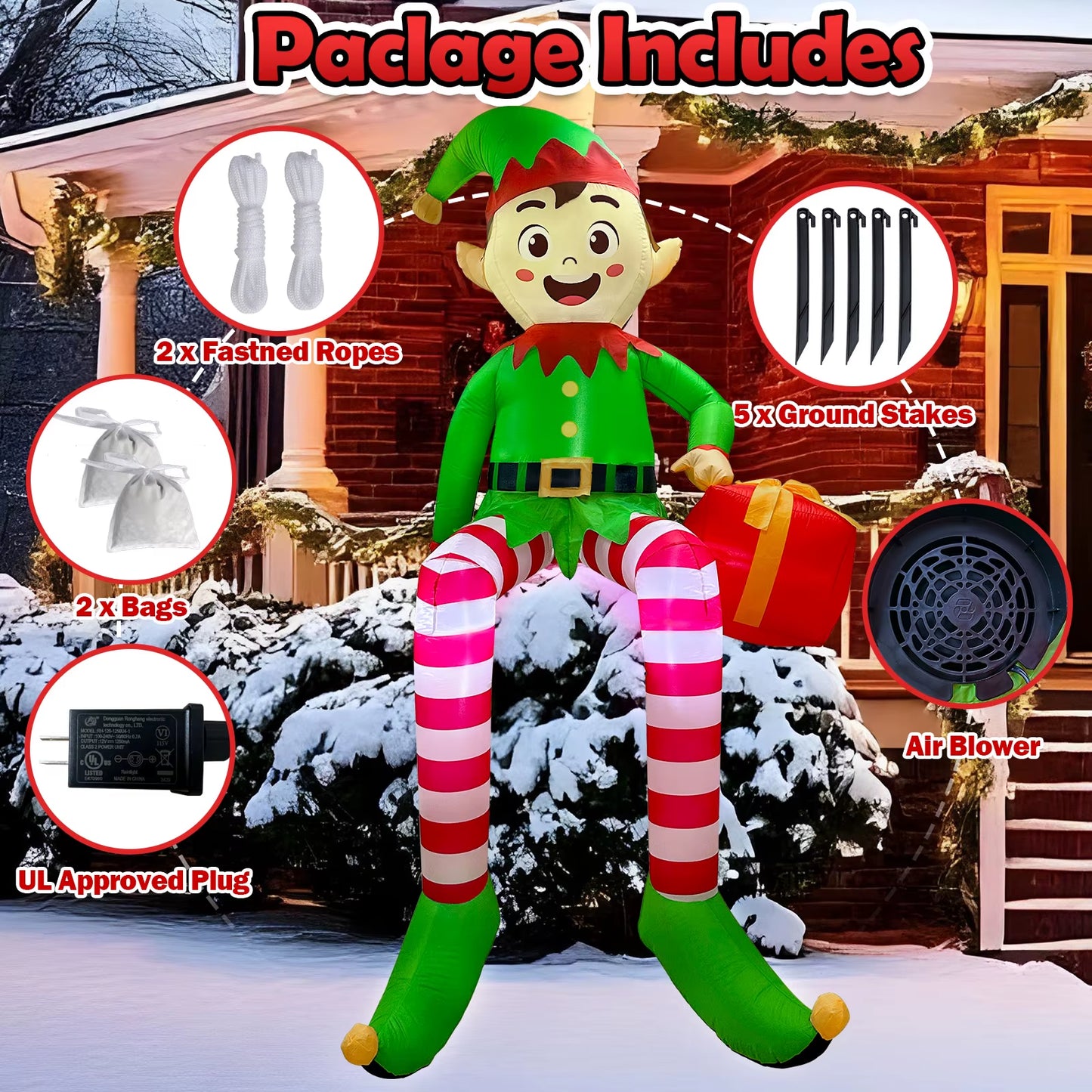 8FT Christmas Inflatables Outdoor Decorations, Christmas Inflatable Sitting Elf Christmas Yard Decorations Bliud-In LED Lights