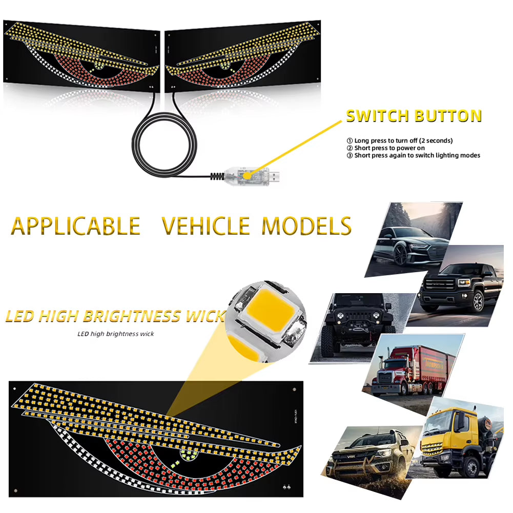 LED Car Dynamic Devil Eye Light Car Windshield Devil Eye Light Car Demon Eyes Flexible Display Screen Light for Car Windows