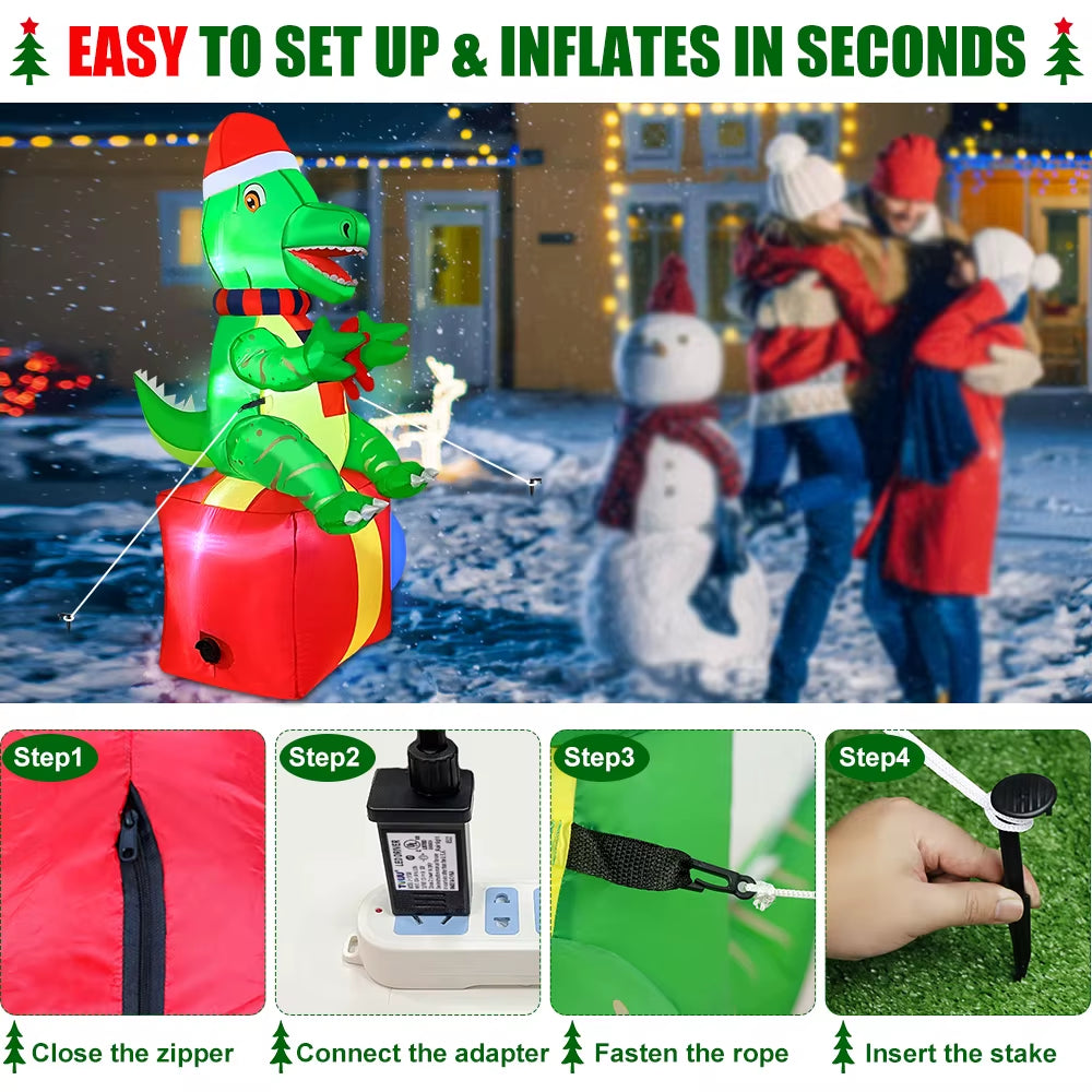 6FT Dinosaur Christmas Inflatables Outdoor Decorations Xmas Blow up Yard Decorations Foxmas Indoor Outdoor Garden Lawn Decor