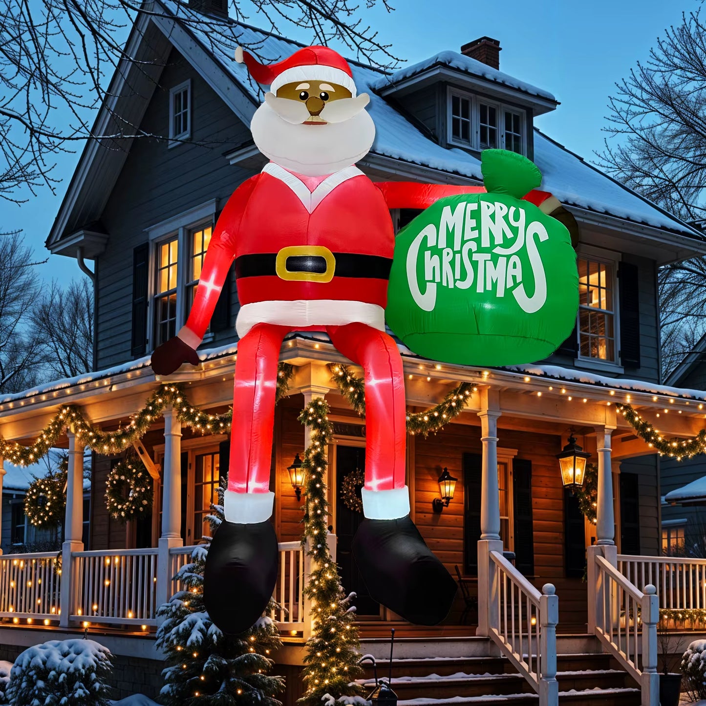 Ourwarm 13 FT Giant Christmas Inflatable Climbing Black Santa Inflatable with Present Bag, Large Christmas Blow Ups Built-In LED
