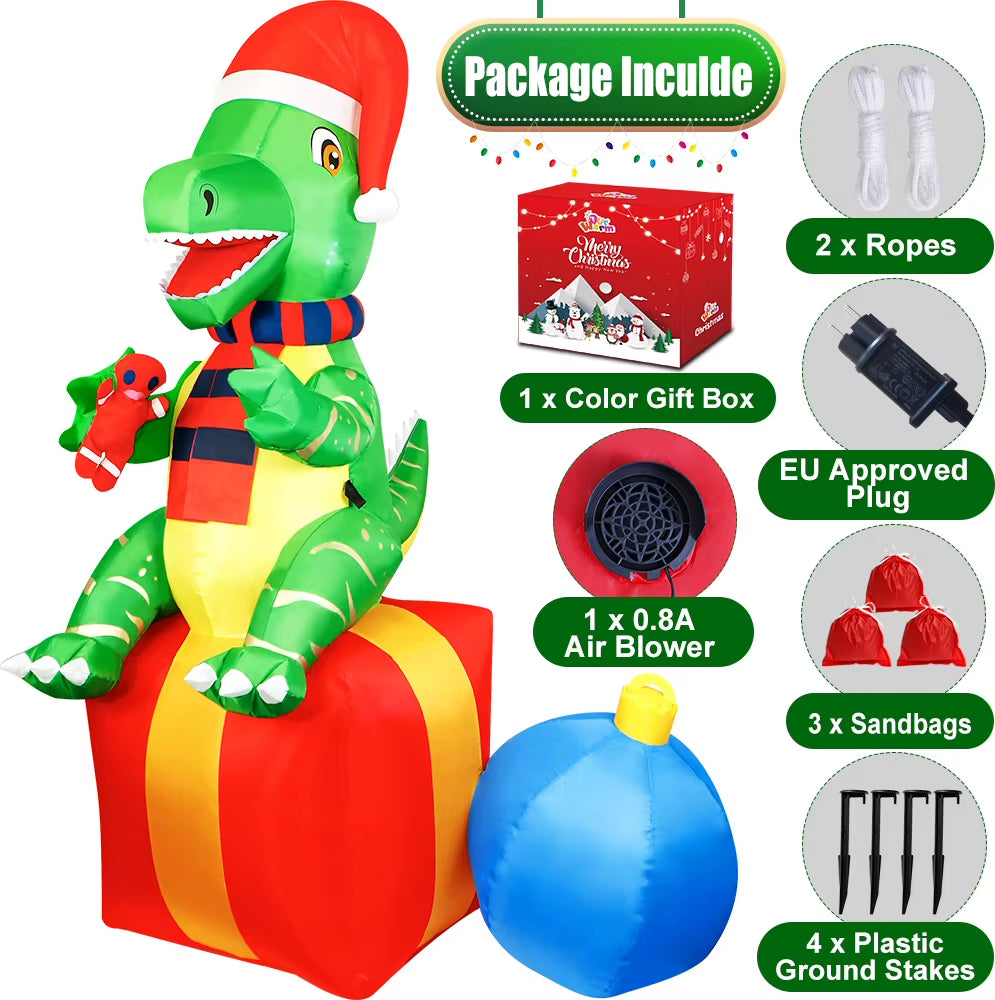 6FT Dinosaur Christmas Inflatables Outdoor Decorations Xmas Blow up Yard Decorations Foxmas Indoor Outdoor Garden Lawn Decor
