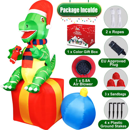 6FT Dinosaur Christmas Inflatables Outdoor Decorations Xmas Blow up Yard Decorations Foxmas Indoor Outdoor Garden Lawn Decor