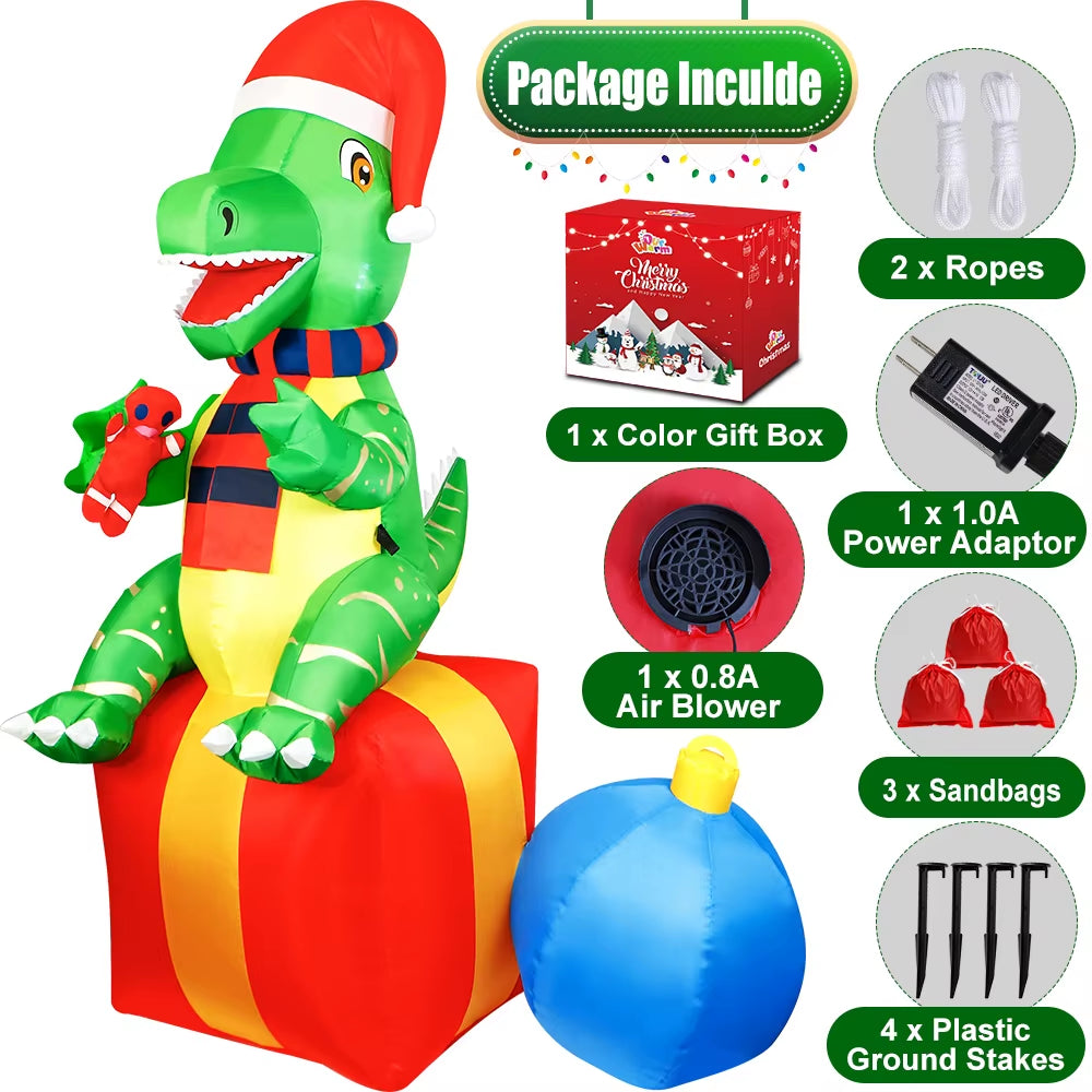 6FT Dinosaur Christmas Inflatables Outdoor Decorations Xmas Blow up Yard Decorations Foxmas Indoor Outdoor Garden Lawn Decor