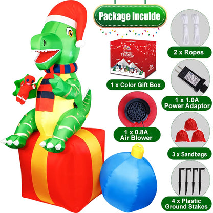 6FT Dinosaur Christmas Inflatables Outdoor Decorations Xmas Blow up Yard Decorations Foxmas Indoor Outdoor Garden Lawn Decor
