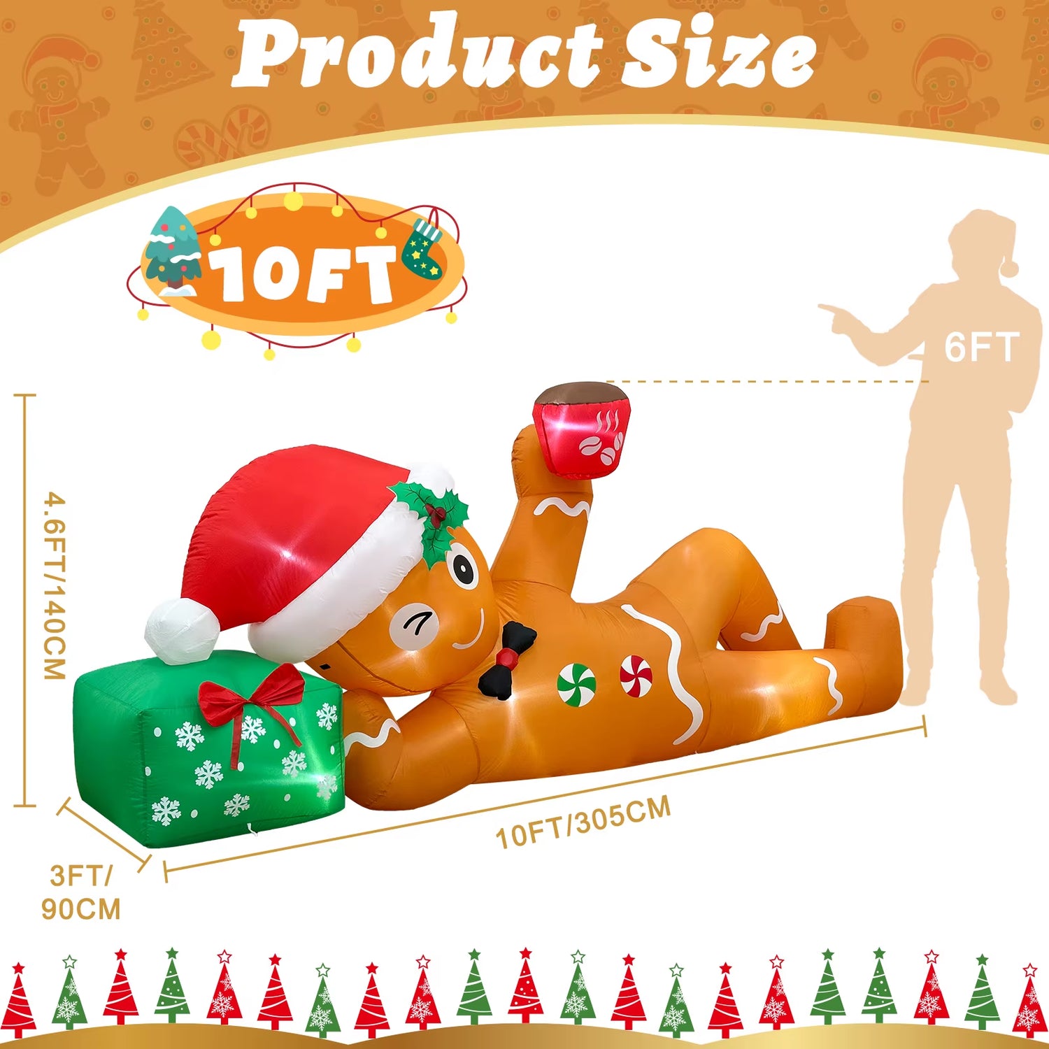 Ourwarm 10FT Christmas Inflatable Outdoor Decoration, Lying Gingerbread Inflatable,For Holiday Yard Garden Roof Terrace Decor