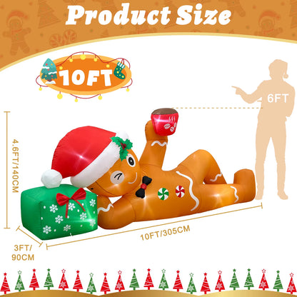 Ourwarm 10FT Christmas Inflatable Outdoor Decoration, Lying Gingerbread Inflatable,For Holiday Yard Garden Roof Terrace Decor