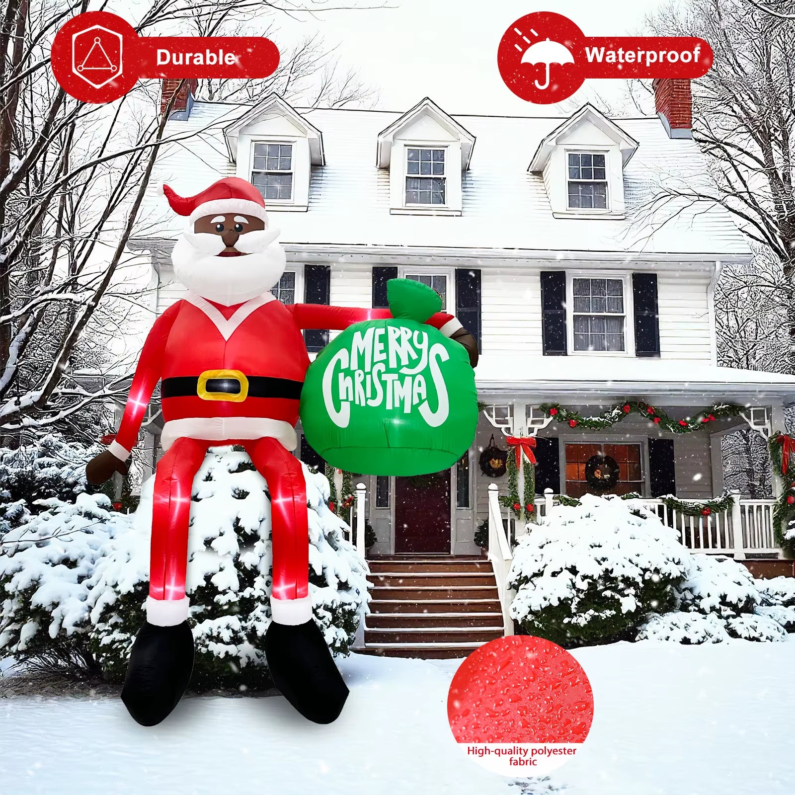 Ourwarm 13 FT Giant Christmas Inflatable Climbing Black Santa Inflatable with Present Bag, Large Christmas Blow Ups Built-In LED