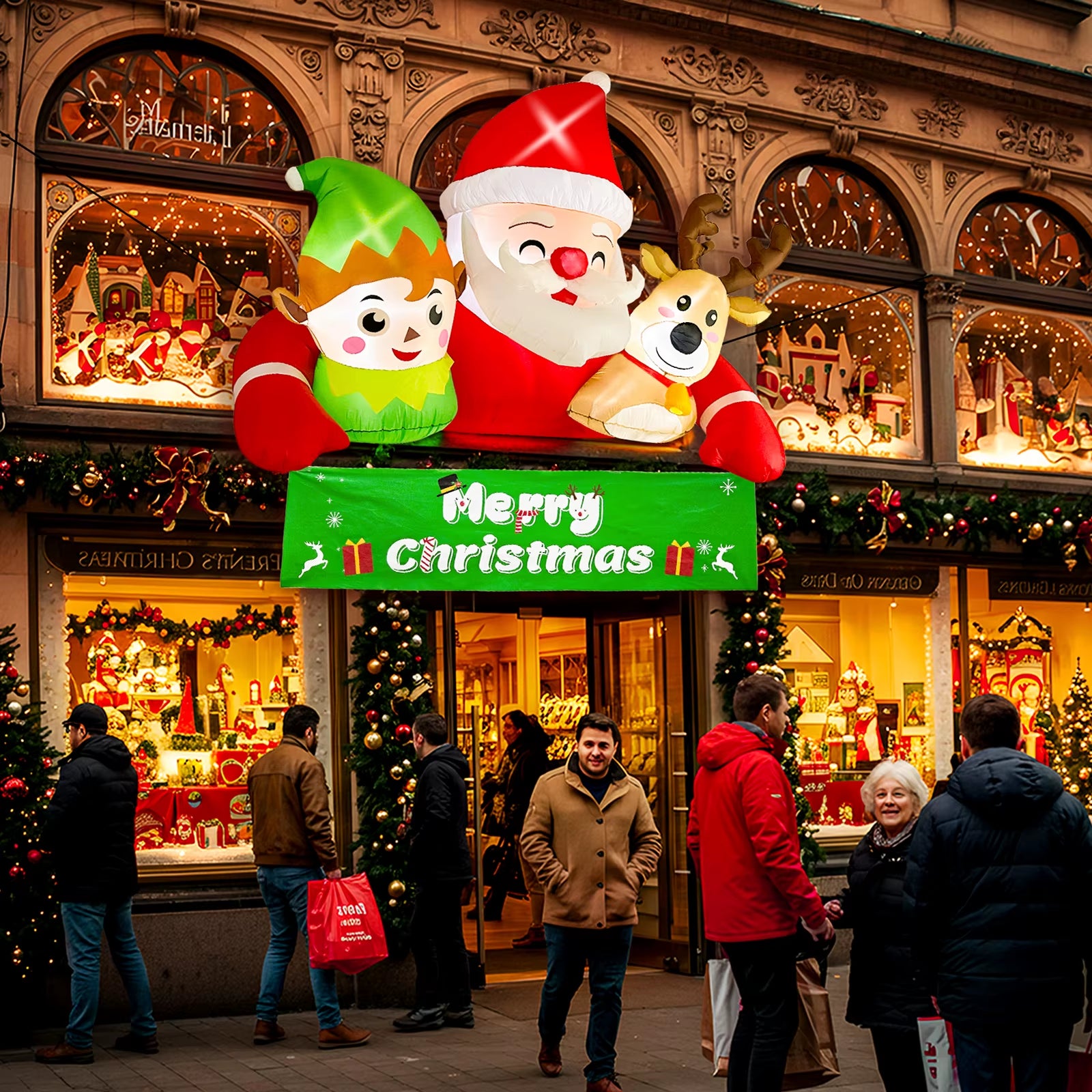 Ourwarm 7.2FT Christmas Inflatable Outdoor Decoration,Detachable Banner Inflatable Santa Claus Outdoor with Elf & Reindeer Decor