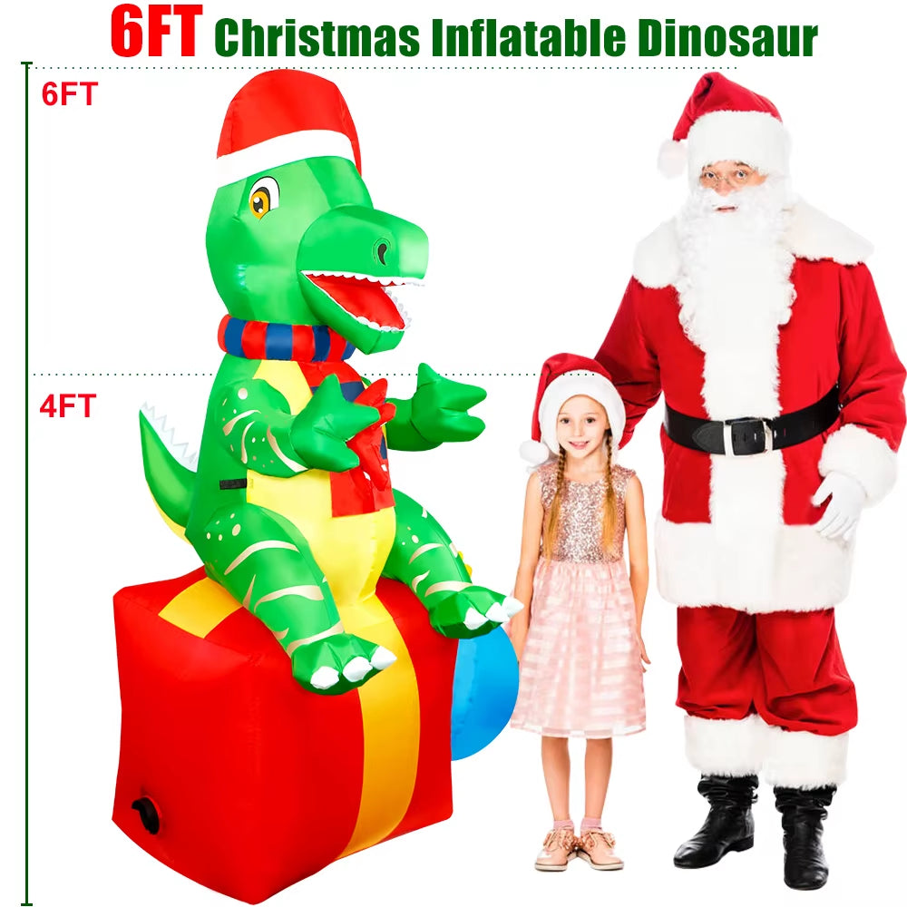 6FT Dinosaur Christmas Inflatables Outdoor Decorations Xmas Blow up Yard Decorations Foxmas Indoor Outdoor Garden Lawn Decor