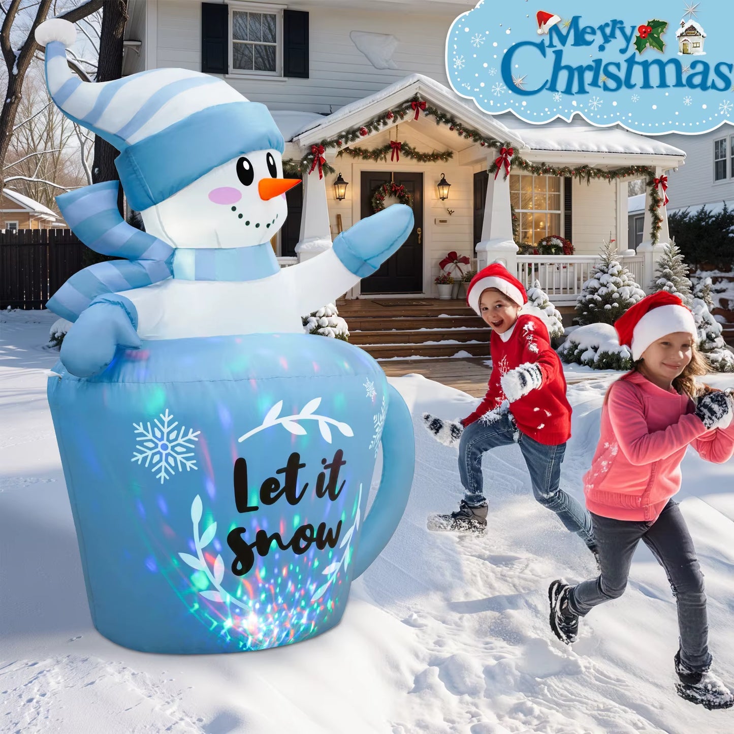 Ourwarm 5FT Christmas Inflatable Snowman in Mug,Adorable Blue Snowman Blow up Awaiting the Snow,For Yard Lawn Winter Inflatables