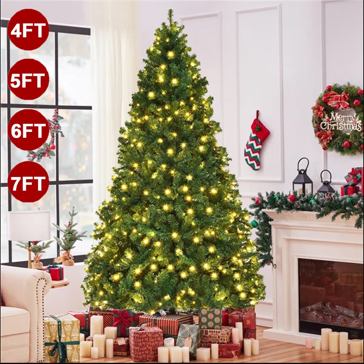 4/5/6/7FT Christmas Tree Green White Xmas Trees Decorations /W LED Fairy Lights