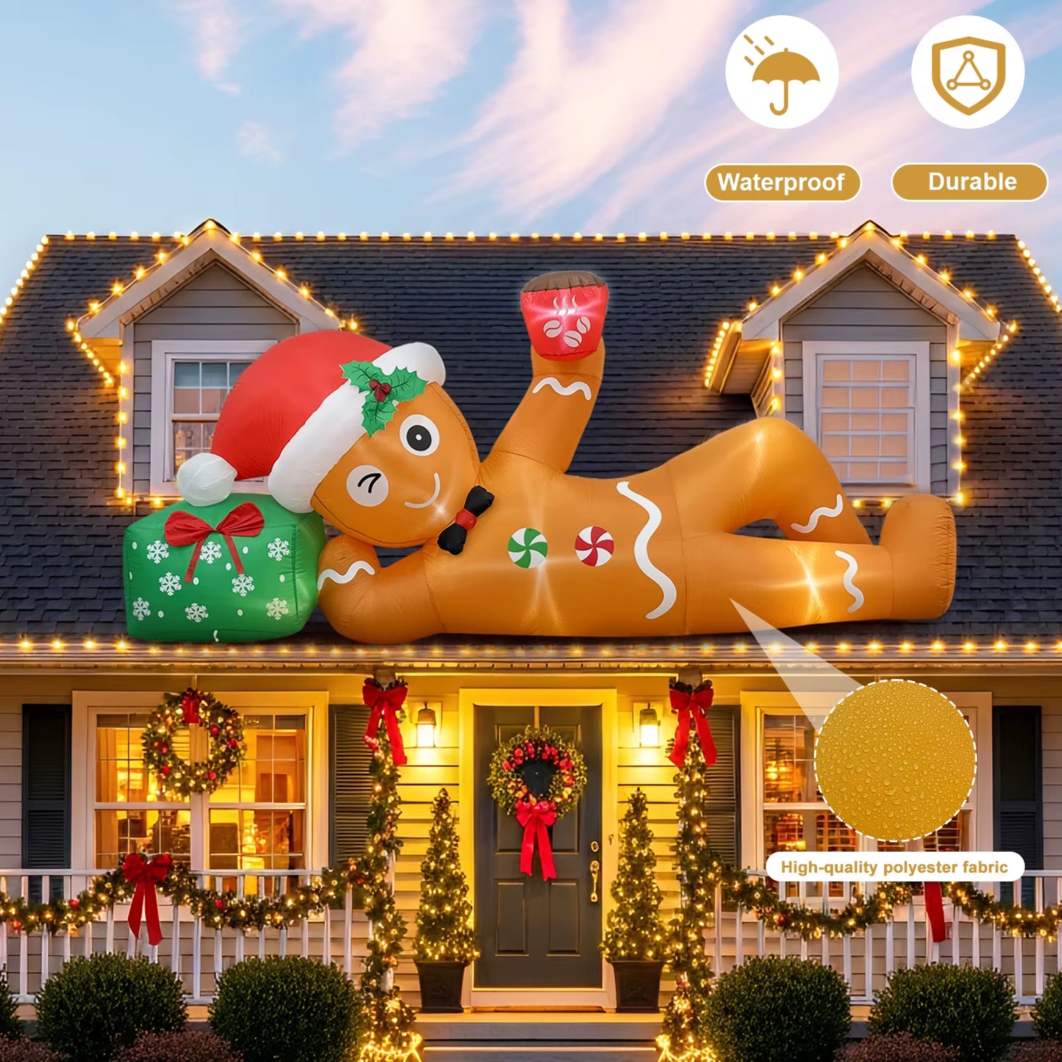 Ourwarm 10FT Christmas Inflatable Outdoor Decoration, Lying Gingerbread Inflatable,For Holiday Yard Garden Roof Terrace Decor