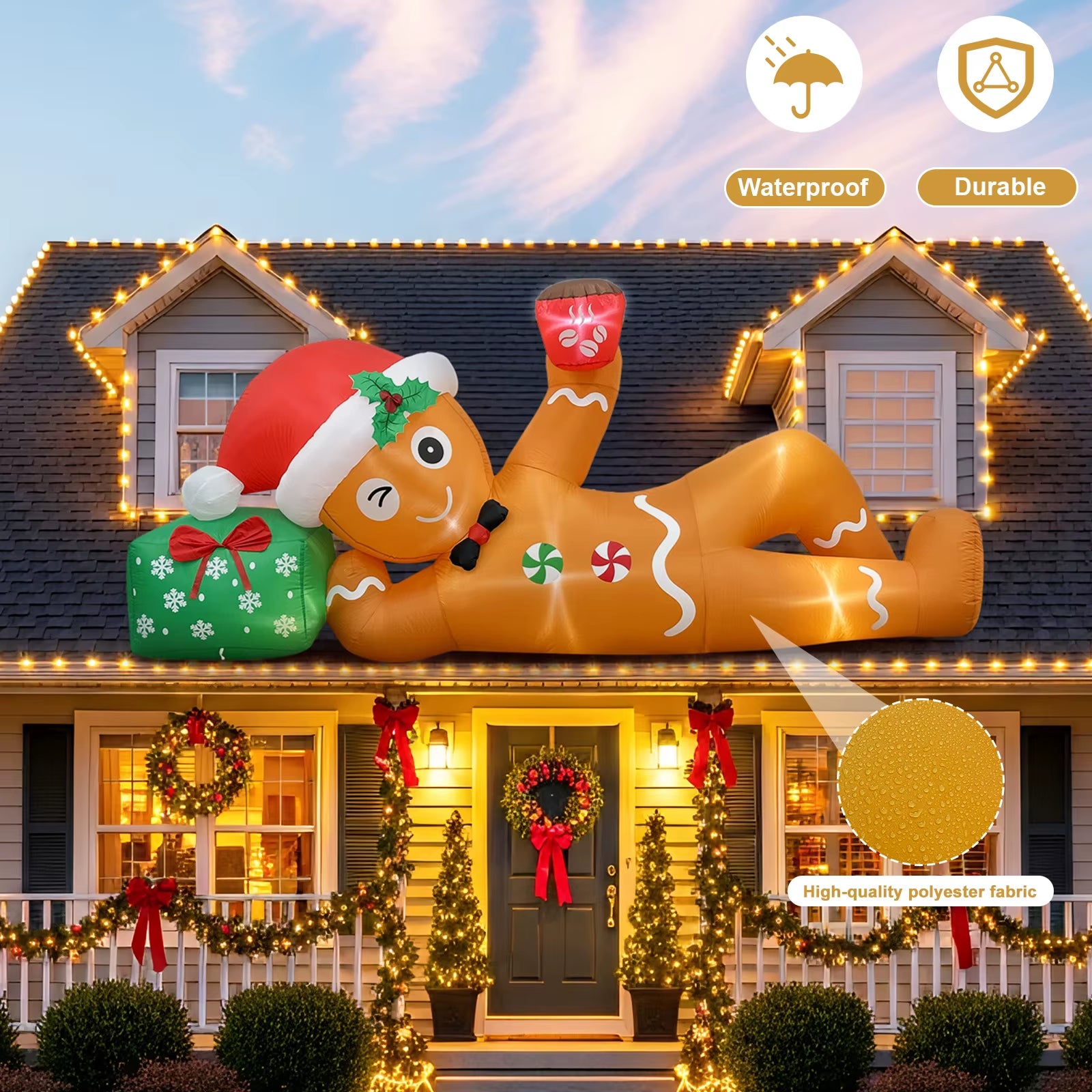 Ourwarm 10FT Christmas Inflatable Outdoor Decoration, Lying Gingerbread Inflatable,For Holiday Yard Garden Roof Terrace Decor