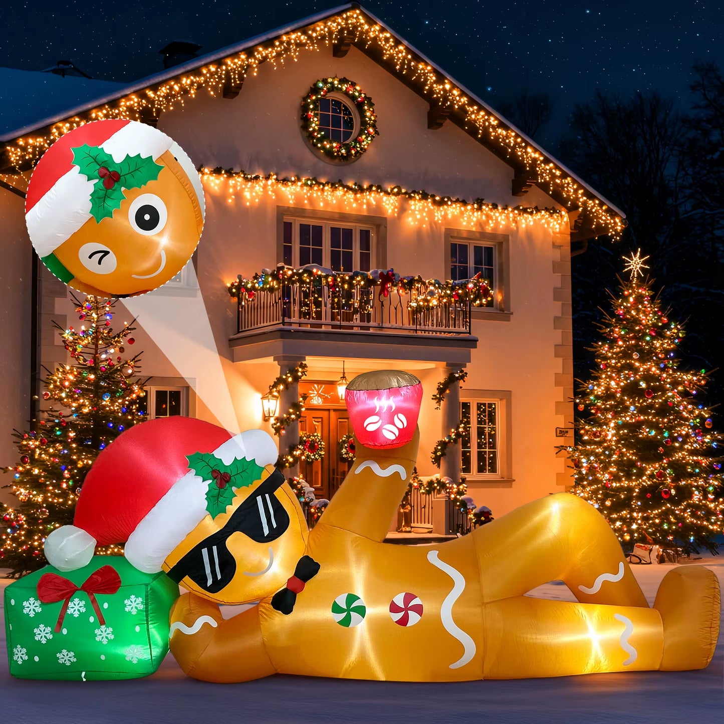Ourwarm 10FT Christmas Inflatable Outdoor Decoration, Lying Gingerbread Inflatable,For Holiday Yard Garden Roof Terrace Decor