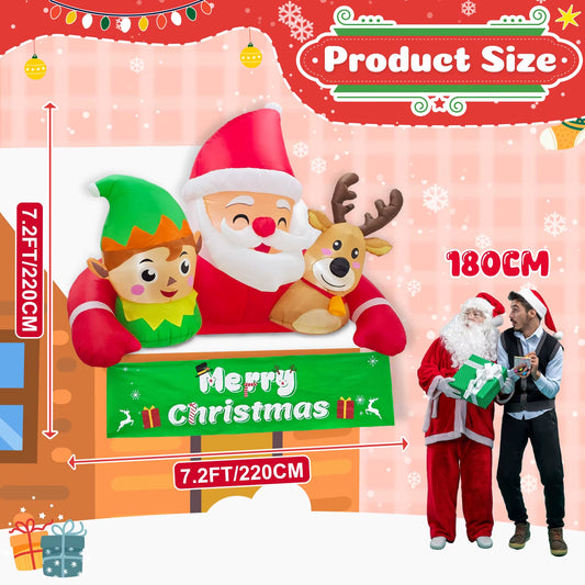 Ourwarm 7.2FT Christmas Inflatable Outdoor Decoration,Detachable Banner Inflatable Santa Claus Outdoor with Elf & Reindeer Decor