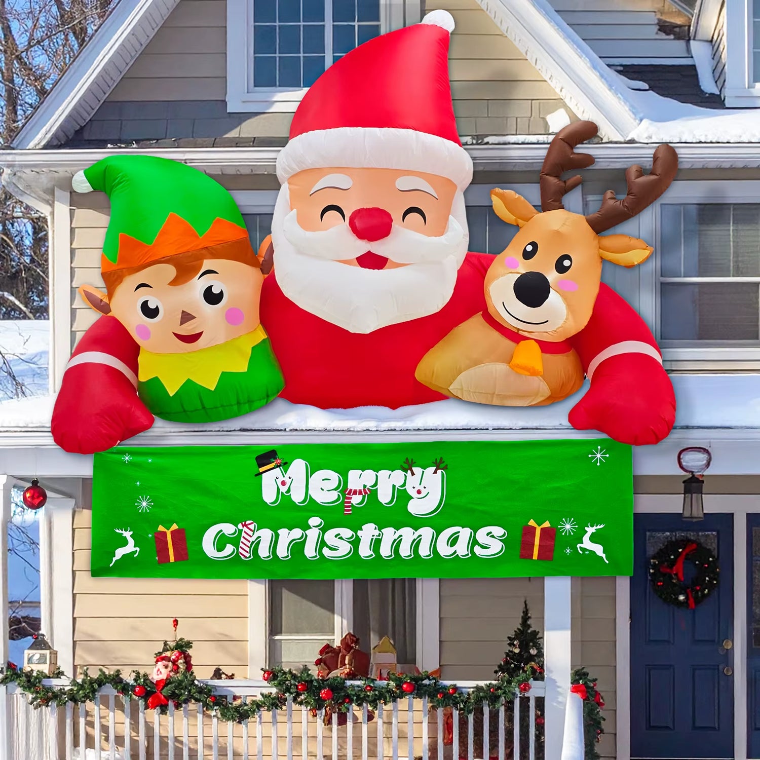 Ourwarm 7.2FT Christmas Inflatable Outdoor Decoration,Detachable Banner Inflatable Santa Claus Outdoor with Elf & Reindeer Decor