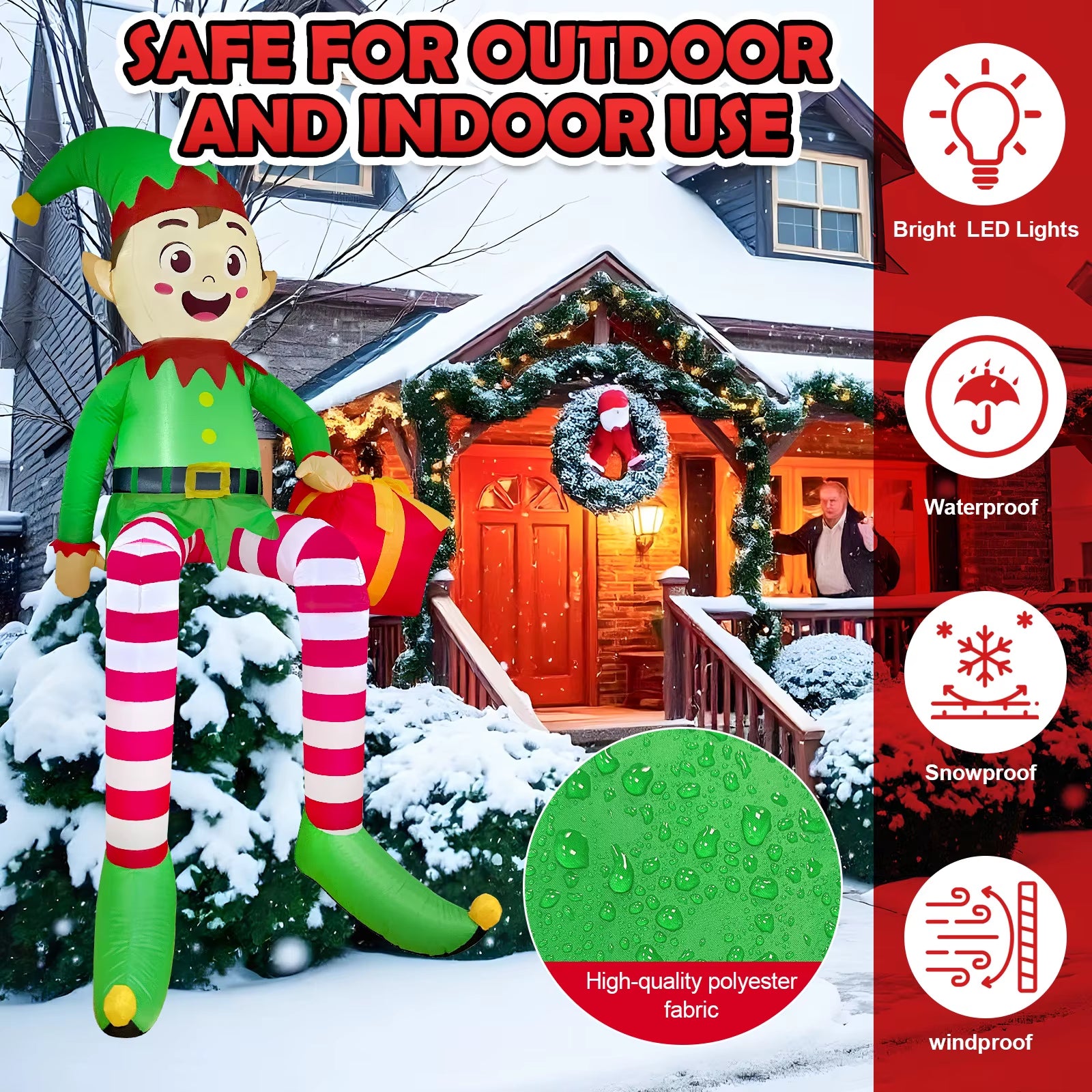 8FT Christmas Inflatables Outdoor Decorations, Christmas Inflatable Sitting Elf Christmas Yard Decorations Bliud-In LED Lights