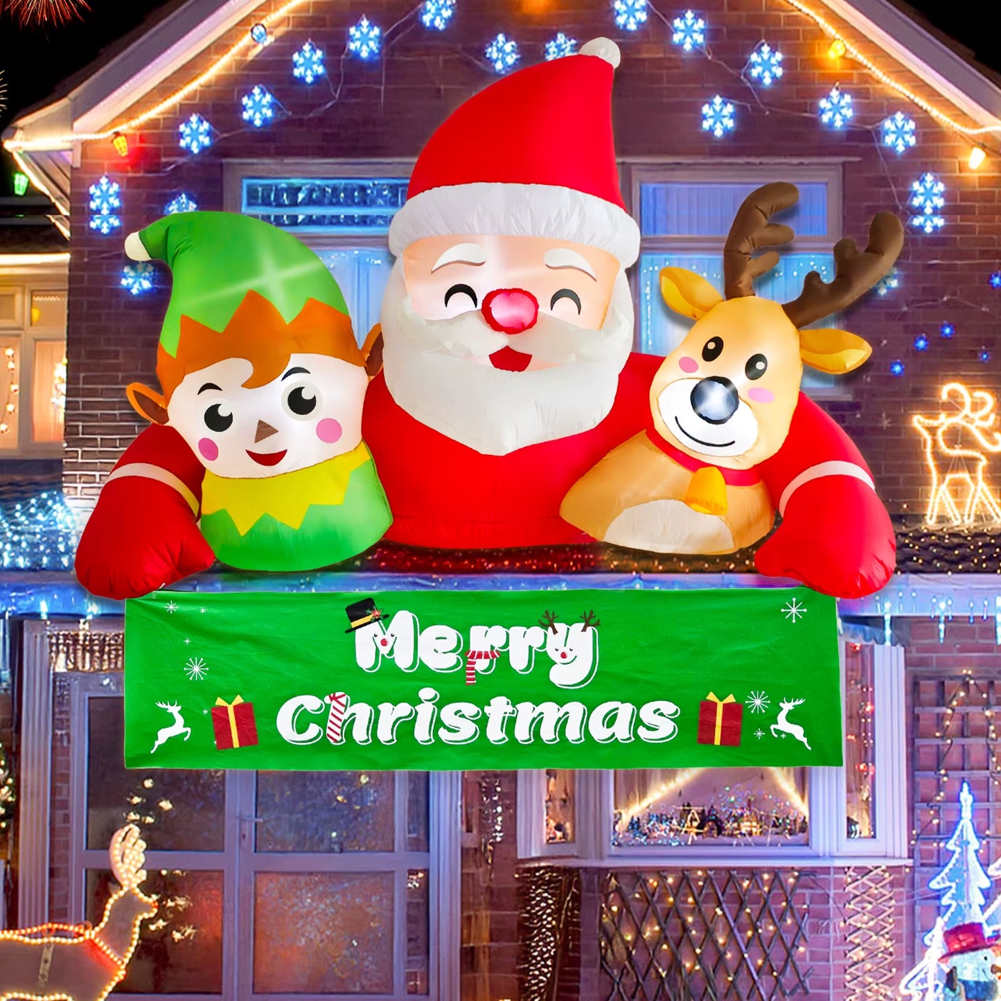 Ourwarm 7.2FT Christmas Inflatable Outdoor Decoration,Detachable Banner Inflatable Santa Claus Outdoor with Elf & Reindeer Decor