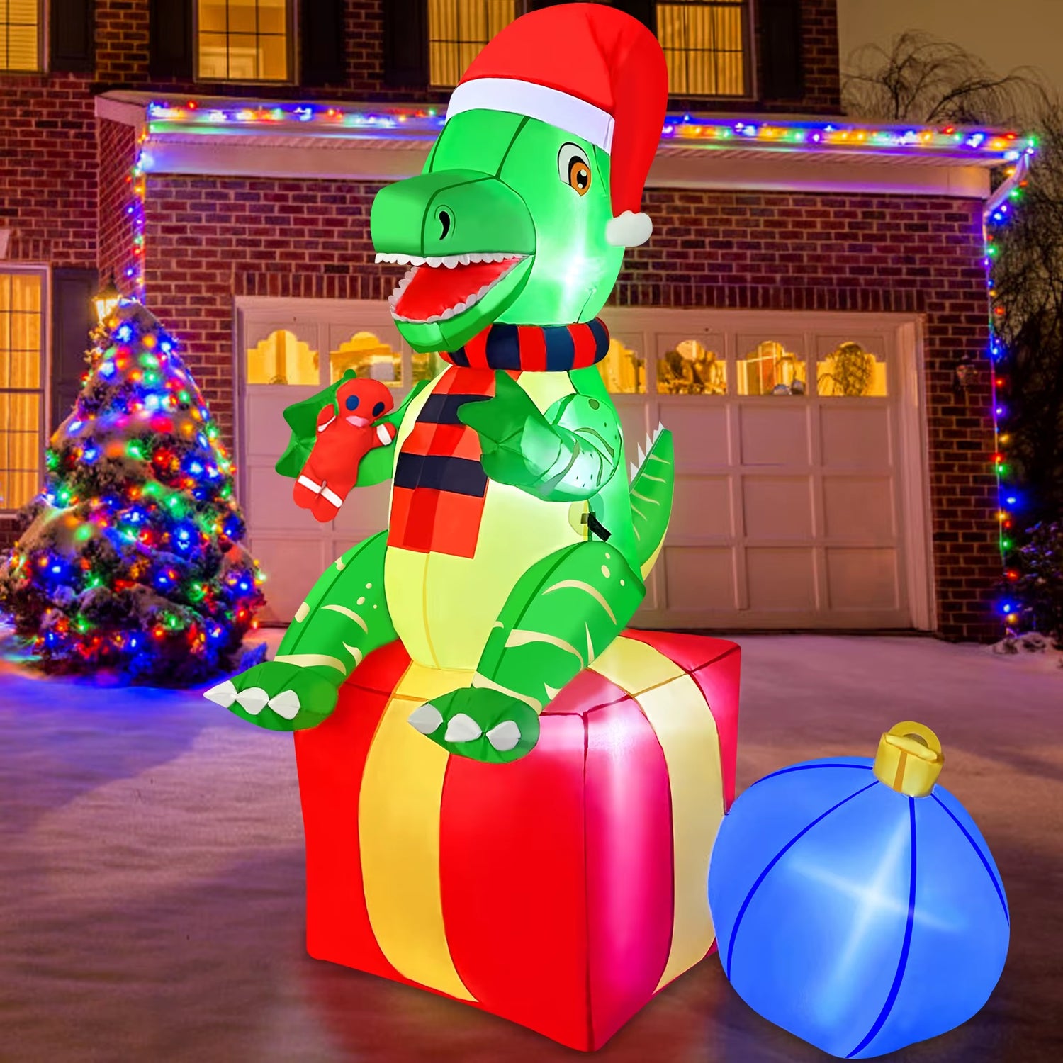 6FT Dinosaur Christmas Inflatables Outdoor Decorations Xmas Blow up Yard Decorations Foxmas Indoor Outdoor Garden Lawn Decor